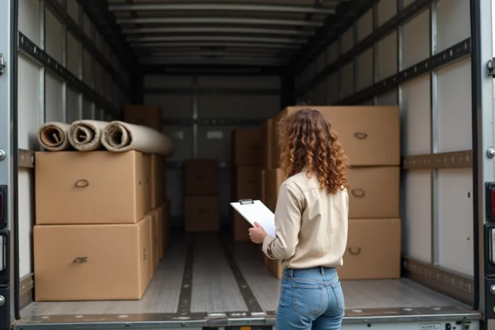 Intérieur d'un camion 15m3 bien organisé avec des cartons et meubles lors d'un déménagement