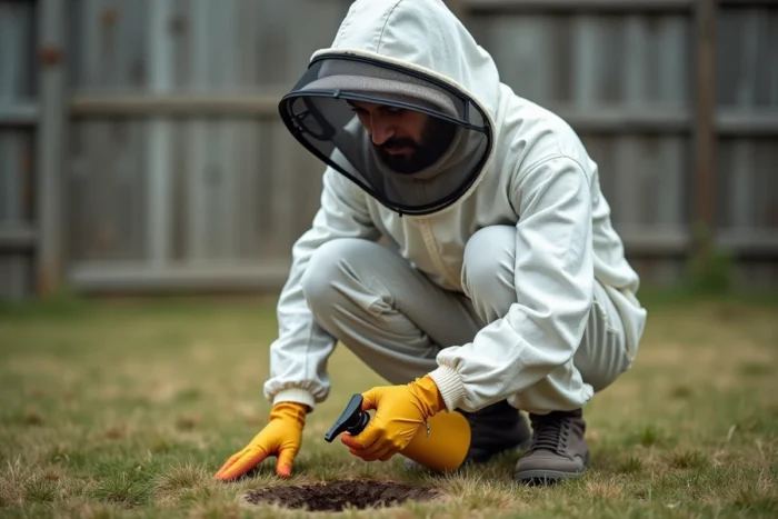 Personne en combinaison de protection intervenant sur un nid de guêpes de terre dans un jardin avec un produit insecticide