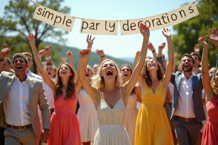 Invités de mariage levant les bras au ciel en célébration collective lors d'une réception en plein air ensoleillée