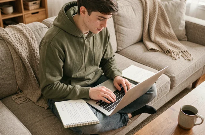 Jeune adulte rédigeant une lettre de motivation sur ordinateur portable depuis son salon avec bloc-notes manuscrit
