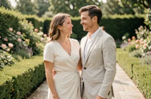 Jeune couple marié souriant dans un jardin botanique fleuri, illustrant une histoire d'amour romantique et élégante