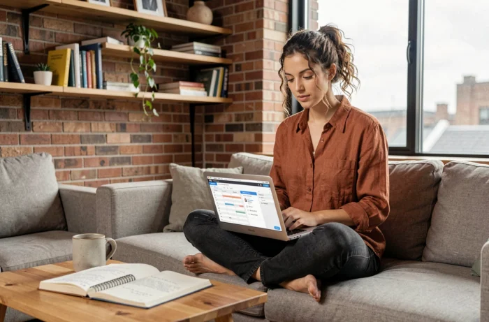 Jeune femme travaillant sur sa stratégie digitale et SEO depuis un appartement créatif avec vue sur la ville