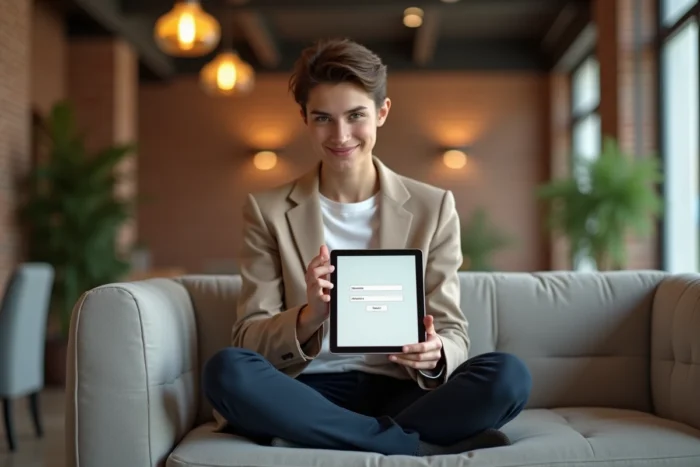 Jeune professionnel consultant une interface de connexion sur tablette dans un espace de coworking moderne
