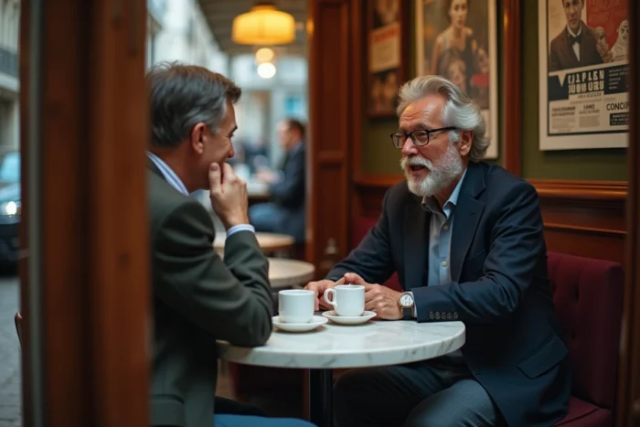 Homme public français discutant avec un proche dans un café bistrot parisien, illustrant les moments de vie privée loin des caméras d'un journaliste médiatique