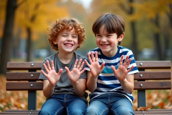 Jumeaux fraternels assis sur un banc de parc en automne comparant leurs mains