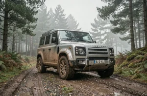 Land Rover Defender garé sur un chemin forestier boueux dans les Highlands écossaises, entouré de brume et de pins, illustrant sa robustesse et fiabilité en tout-terrain