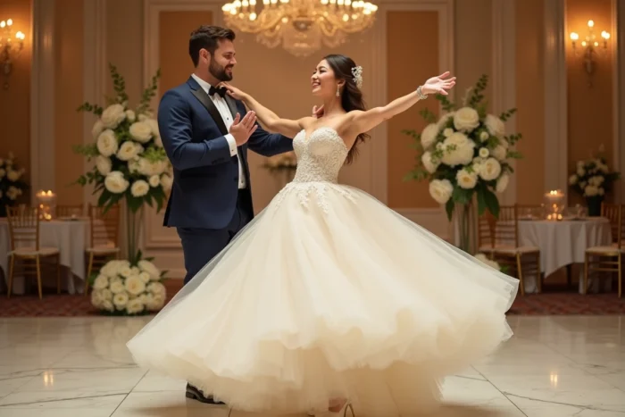 Mariée rayonnante tournoyant sur une piste de danse en marbre tandis que son mari l'admire dans un salon de réception élégant