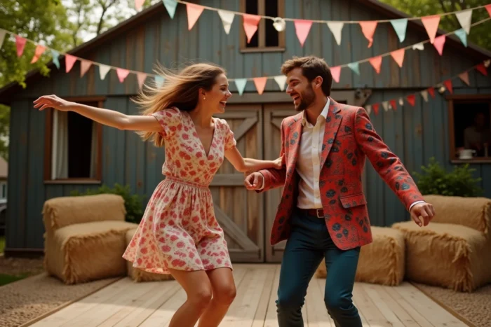 Couple dansant avec entrain dans un style rétro sur une piste de danse extérieure rustique décorée de guirlandes colorées