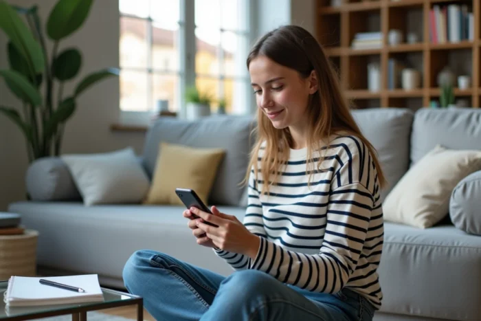 Lycéenne consultant l'ENT sur smartphone depuis le salon pour préparer ses cours à l'avance