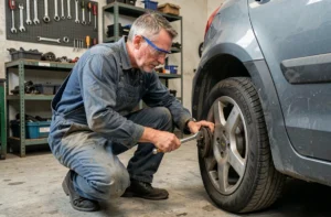 Mécanicien bénévole dans un garage solidaire effectuant une vérification des freins sur une voiture à petit prix