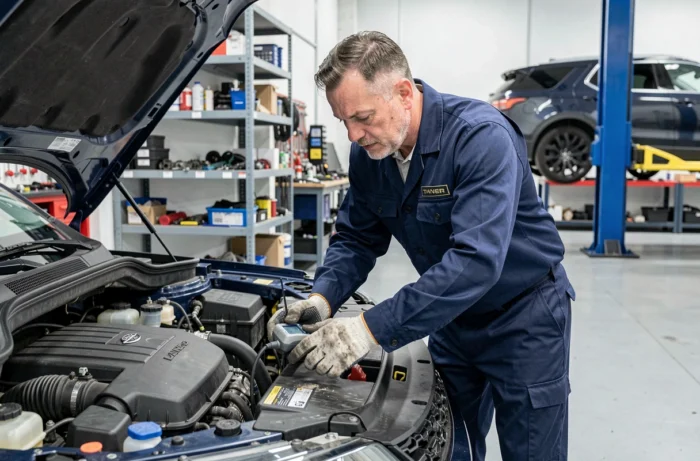 Mécanicien professionnel inspectant le moteur d'un Land Rover Discovery dans un garage, illustrant les enjeux de maintenance et de fiabilité mécanique du véhicule