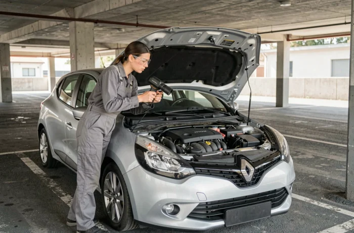 Mécanicienne inspectant le compartiment moteur d'une Renault Clio avec une caméra d'inspection pour diagnostiquer une panne liée au code DTC038061