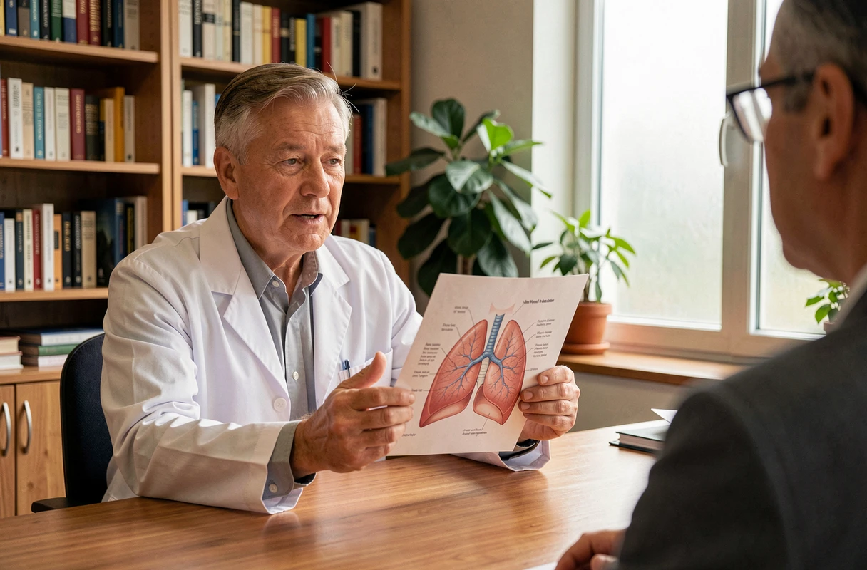 Médecin expliquant l'anatomie pulmonaire et la scissure azygos à un patient à l'aide d'un schéma thoracique
