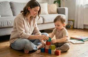 Mère et enfant en bas âge jouant ensemble avec des cubes en bois sur le sol d'un salon chaleureux, illustrant l'accompagnement du développement de l'enfant