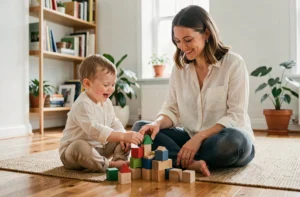 Mère sereine jouant avec son enfant en bas âge sur un plancher en bois dans un salon scandinave chaleureux, illustrant une parentalité épanouie et bienveillante
