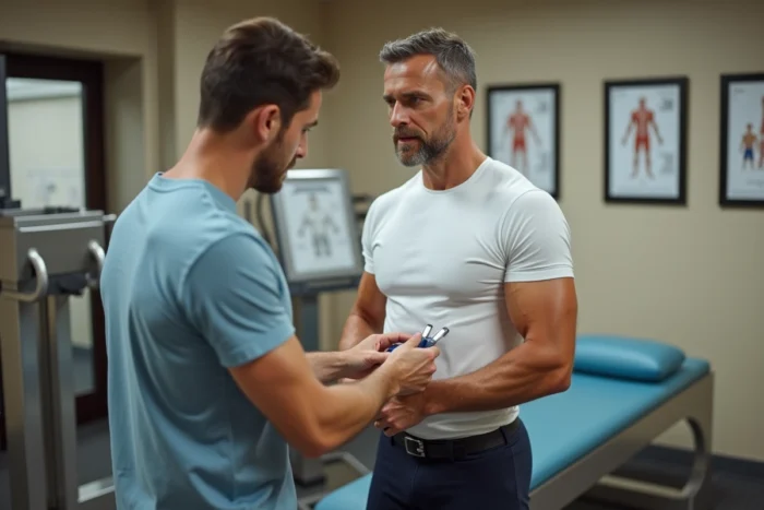Médecin du sport mesurant le pourcentage de graisse corporelle avec un adipomètre dans un laboratoire d'évaluation physique