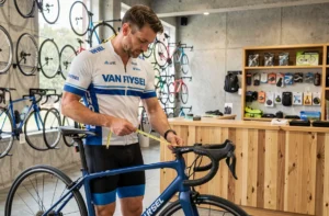 Cycliste mesurant la taille de son vélo Van Rysel dans un magasin de vélos professionnel