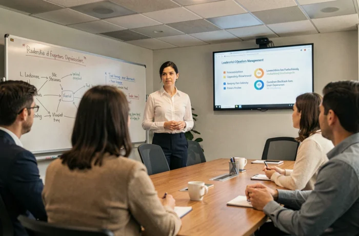 Femme vétérante animant une formation en leadership dans une salle de réunion d'entreprise