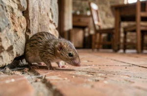 Musaraigne commune sur le bord d'une plinthe en bois dans une vieille maison en pierre, gros plan naturaliste
