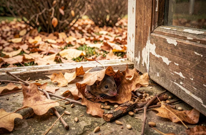 Musaraigne nichée dans des feuilles mortes au seuil d'une porte de maison en automne, vue plongeante