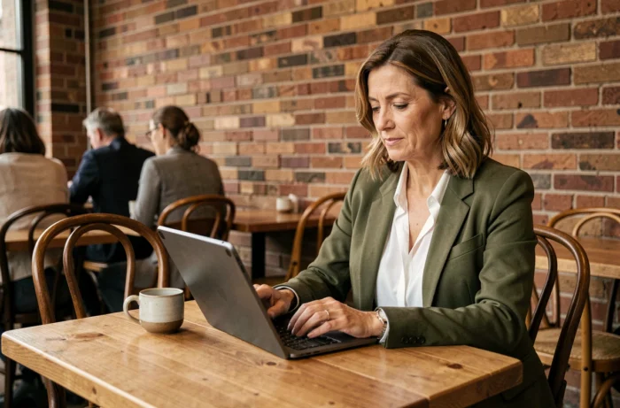 Femme naviguant sur un site e-commerce depuis une tablette dans un café urbain