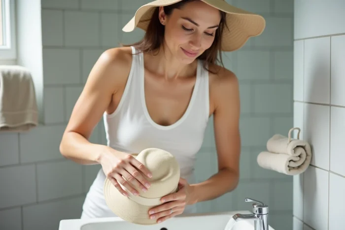 Femme nettoyant le bandeau intérieur d'un chapeau avec une brosse et de l'eau savonneuse