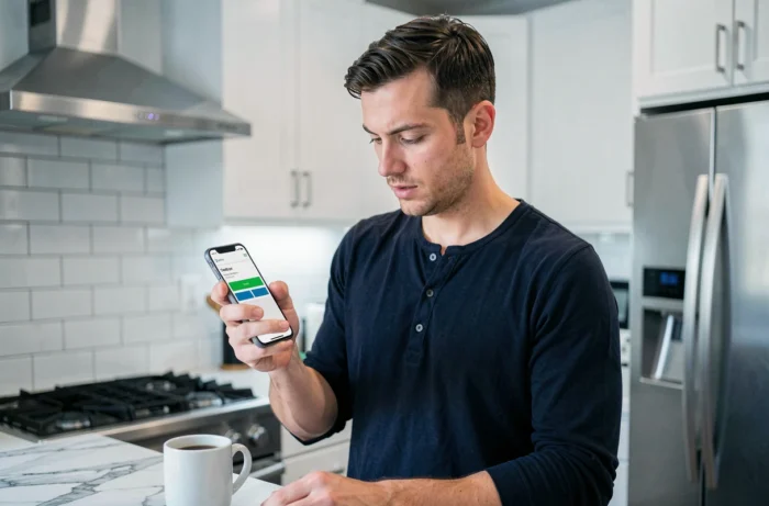 Homme consultant une page de paiement en ligne sur smartphone dans une cuisine moderne