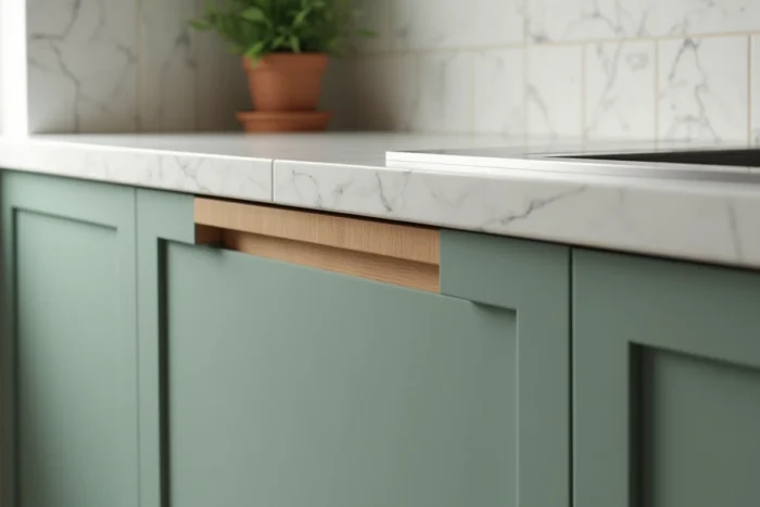 Détail du panneau séparateur en bois entre un lave-vaisselle et un four encastré dans une cuisine de style scandinave
