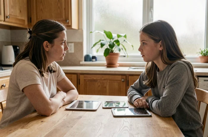 Mère discutant avec sa fille adolescente de sa dépendance aux écrans autour d'une table de cuisine