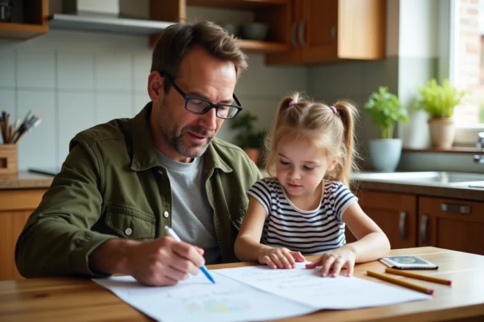 Père et enfant consultant un document sur les cycles scolaires français à la maison