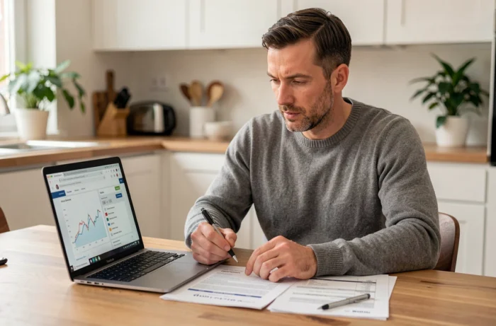 Homme consultant son contrat de location avec option d'achat automobile sur ordinateur portable à domicile