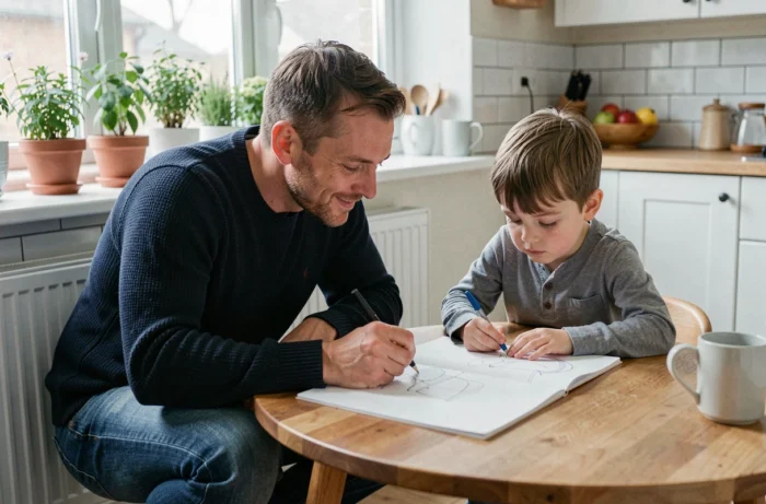 Père accompagnant son enfant de cinq ans dans un exercice de dessin à la table de cuisine, symbolisant le soutien parental dans l'apprentissage quotidien