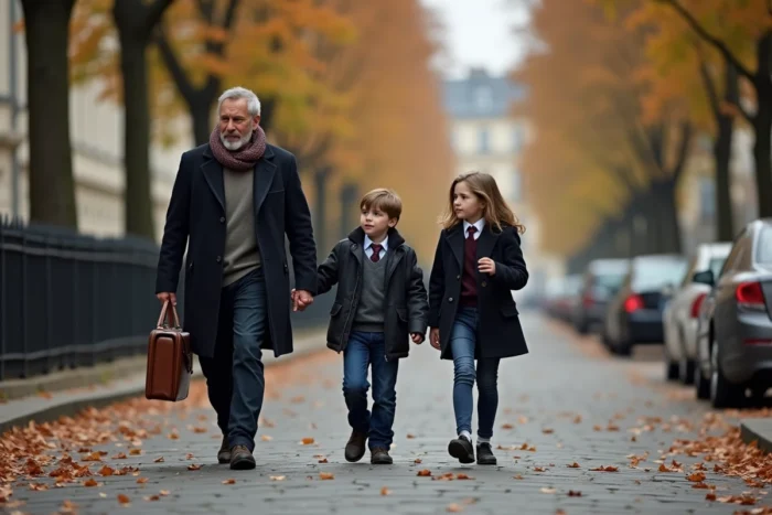 Père de famille journaliste se promenant avec ses enfants adolescents dans une rue parisienne en automne, évoquant la vie de famille et la vie privée d'un personnage médiatique