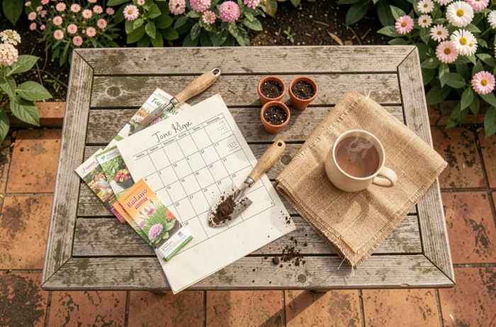 Vue de dessus d'une table de jardin avec outils de planification saisonnière, sachets de graines et calendrier de plantation