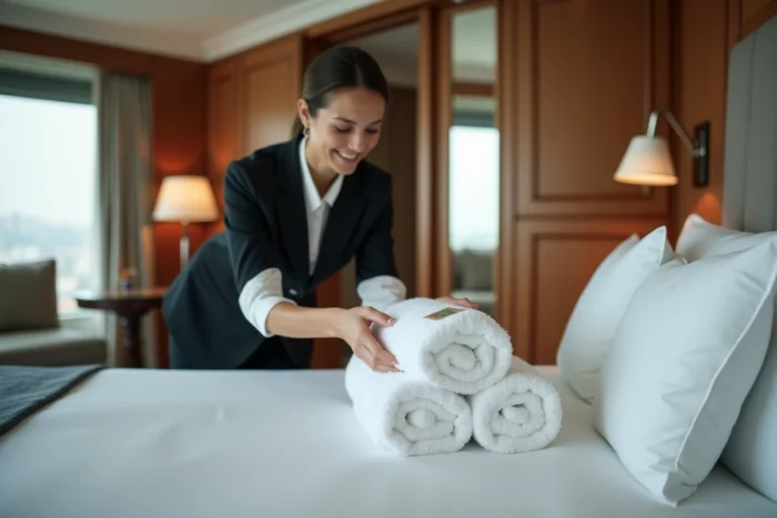 Femme de chambre dans une suite d'hôtel luxueux avec un pourboire posé sur la table de chevet