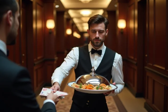 Serveur du room service recevant un pourboire d'un client dans le couloir d'un hôtel 5 étoiles