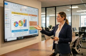 Femme professionnelle présentant un diaporama PowerPoint sur grand écran dans une salle de réunion moderne