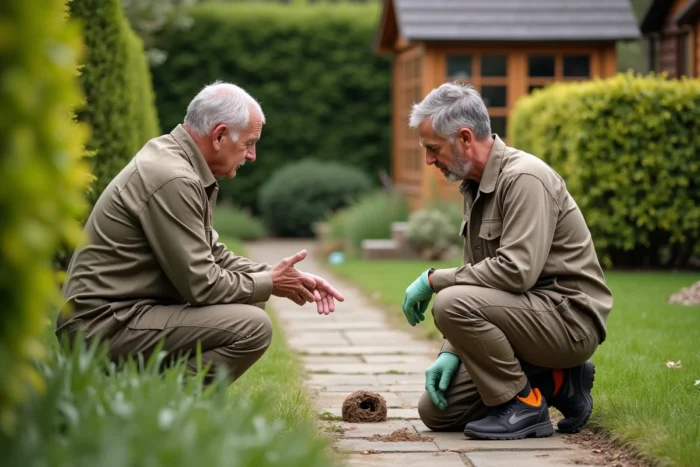 Professionnel de la désinsectisation expliquant la présence d'un nid de guêpes souterraines à un propriétaire dans son jardin