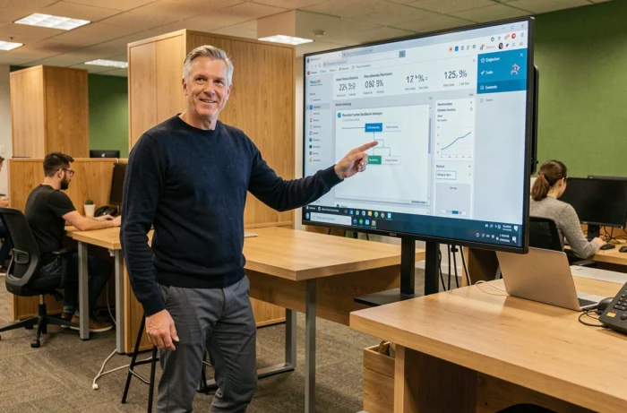Professionnel du digital présentant des métriques web et des wireframes UX sur un écran interactif dans un espace de coworking