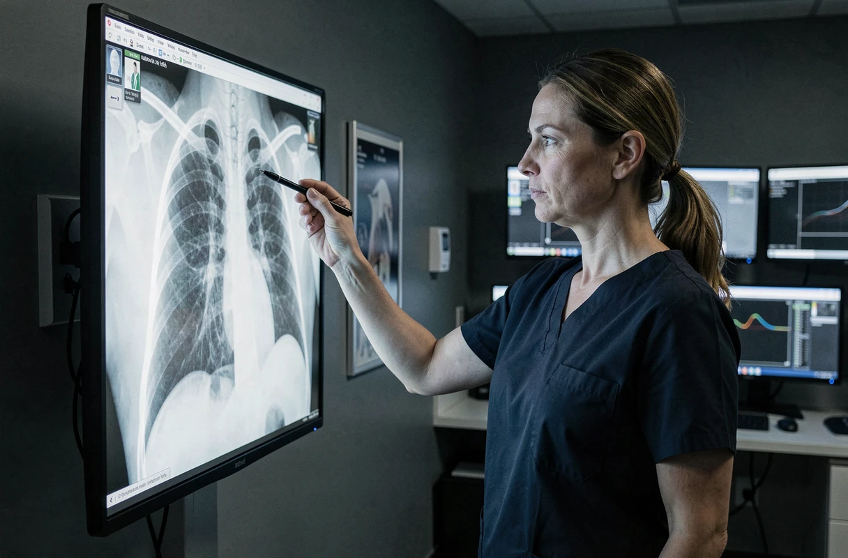 Radiologue analysant une radiographie thoracique montrant la scissure azygos sur un écran médical rétroéclairé