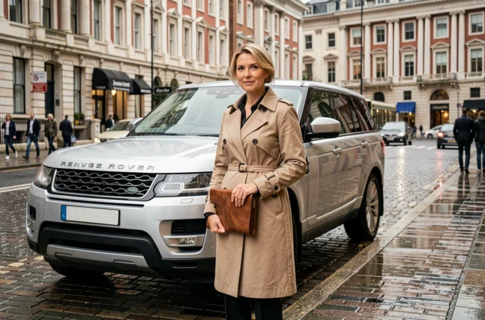 Femme professionnelle en manteau beige debout près d'un Range Rover argenté sur une rue pavée londonnienne sous la pluie, évoquant la fiabilité du Land Rover en usage urbain exigeant