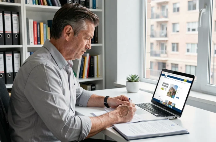 Homme recherchant des organismes de caution locative en ligne depuis son bureau à domicile