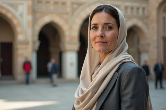 Femme portant un foulard devant une mosquée ou un centre culturel, illustrant la dimension religieuse et publique du parcours d'Amal Laoui