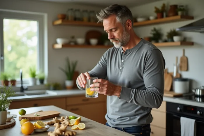 Homme préparant une boisson naturelle au gingembre et citron pour gérer les vertiges liés à Ménière