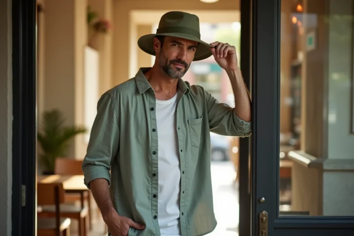 Homme retirant son chapeau en passant de l'extérieur vers l'intérieur d'un café
