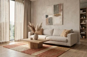 Salon moderne décoré dans un style scandinave contemporain avec canapé en lin ivoire, table basse en chêne, vase céramique et toile abstraite sur mur en plâtre texturé