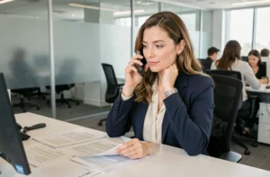 Conseillère du service client Cofica Bail au téléphone, examinant un contrat de LOA automobile dans un bureau professionnel
