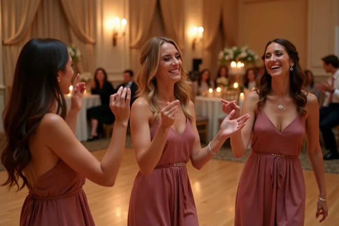 Trois demoiselles d'honneur dansant et mimant le geste bague au doigt sur la piste de danse d'un mariage intérieur