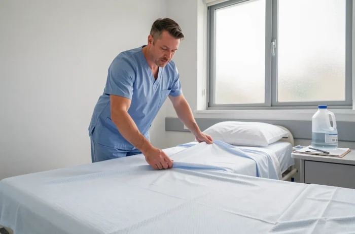 Soignant installant un drap de protection Securidrap dans une chambre d'hôpital moderne