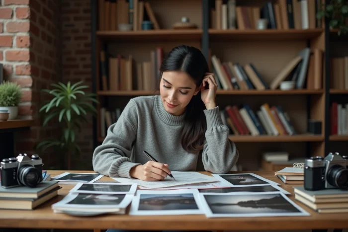 Photographe et journaliste française travaillant dans son studio entouré de photos et de carnets de notes